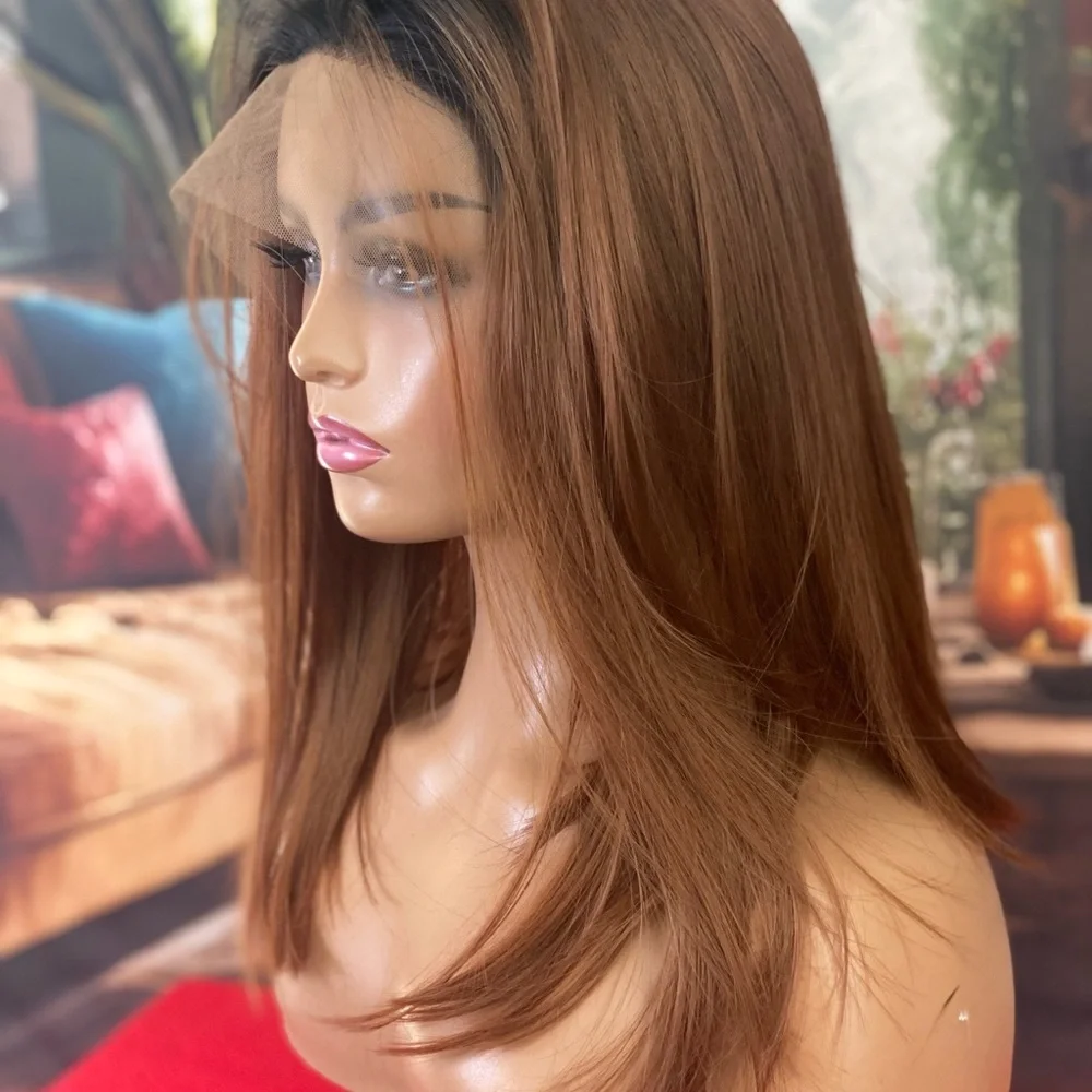 free part invisible lace front wig with roots auburn